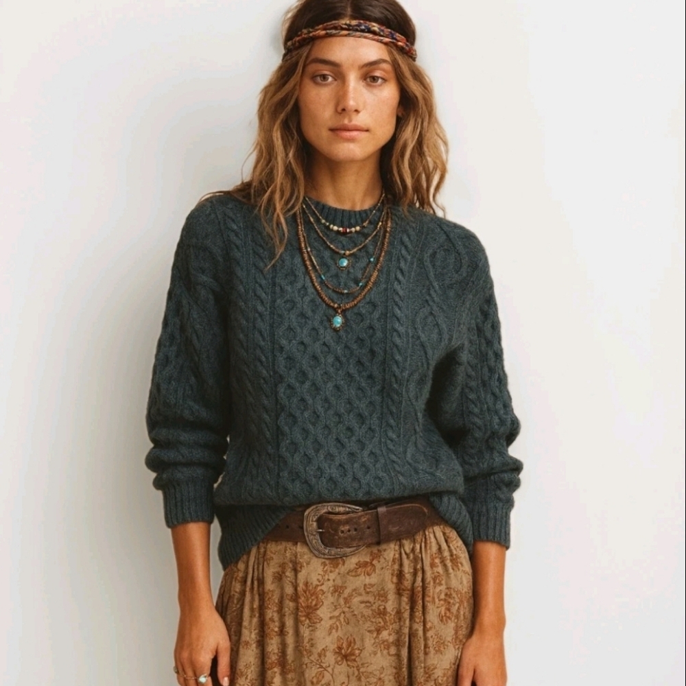 Women's Cable Knit Crewneck Sweater - Teal
